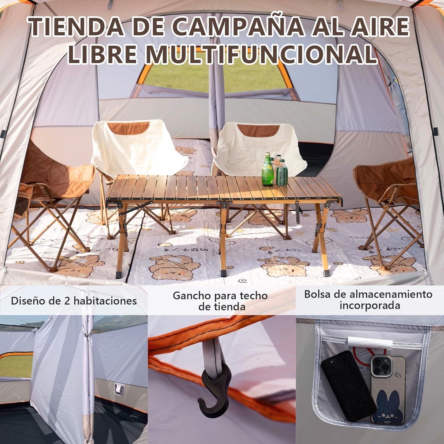 JeeLeeko Casa de CampaÃ±a PortÃ¡til,Tienda de CampaÃ±a para 5-8 Personas,Tienda Familiar de FÃ¡cil InstalaciÃ³n,Tienda para Acampar Impermeable con Alfombra de Piso y Toldo de Puerta,Adecuado para Al Aire