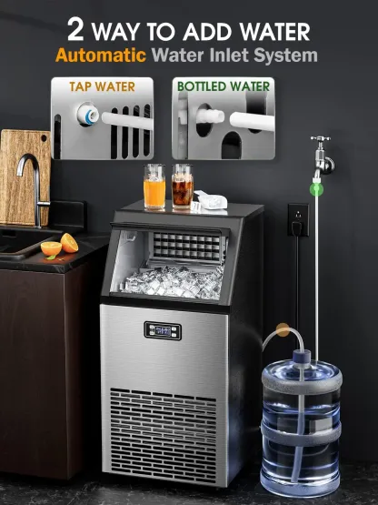 Máquina de Hielo Comercial V2.0, 100 lbs, Agua 2 Formas, Autolimpieza, Temporizador 24h, Cesta 33 lbs, Acero Inoxidable – Para Escuela, Hogar, Bar o RV