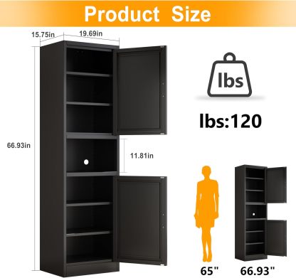 Ckzbx Gabinete de cocina de metal de 61 pulgadas de alto con 4 puertas, armarios de baño, 2 estantes ajustables para cocina, oficina en casa, sala de estar, comedor (negro)