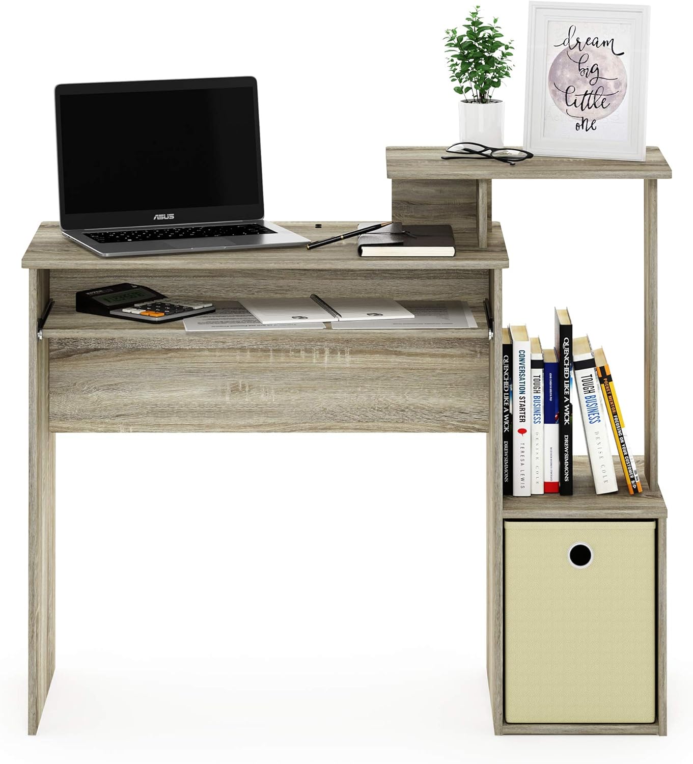 Furinno Econ Escritorio de escritura de computadora de oficina en casa multipropósito W/Bin, Blanco/Negro