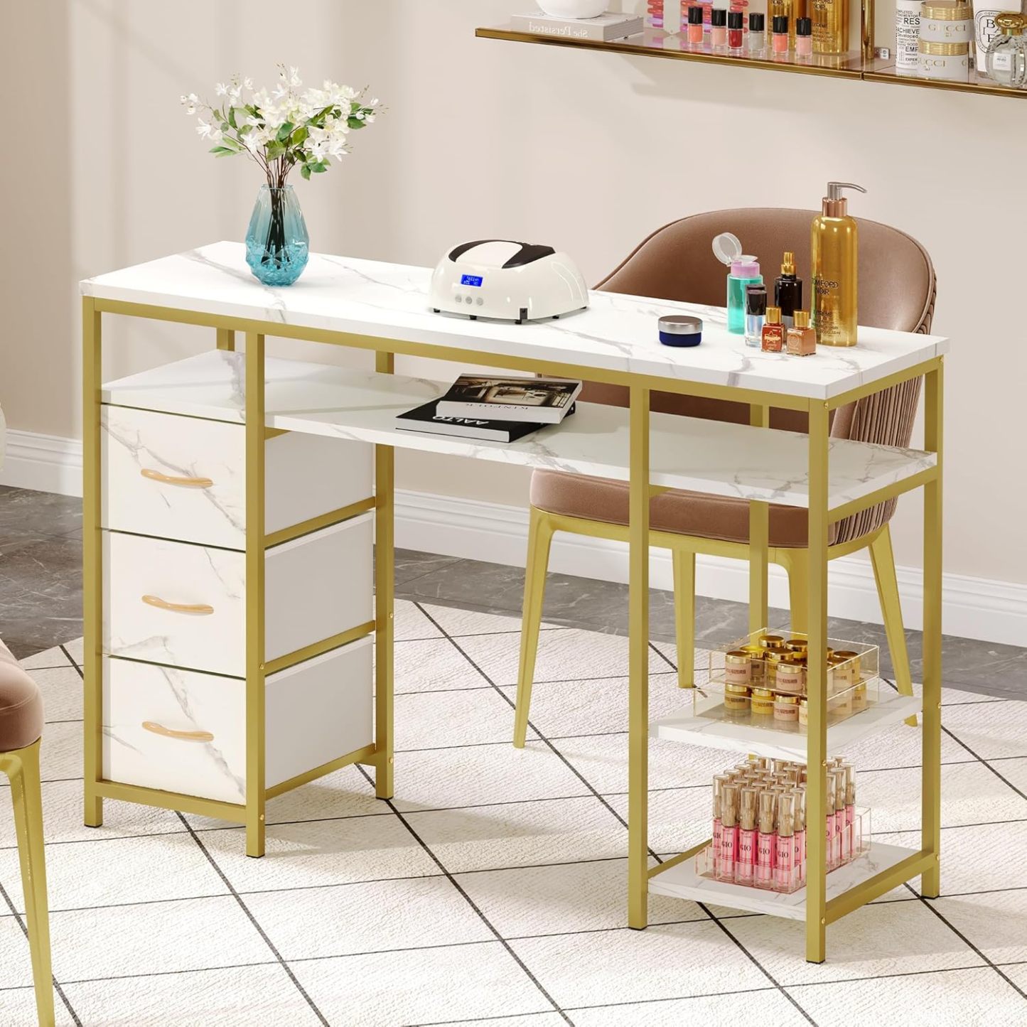 DWVO - Mesa de manicura para uñas, computadora de manicura con Textura marmolada con 3 cajones, estación de Mesa de uñas Resistente a la acetona para salón de Belleza, SPA (Blanco)