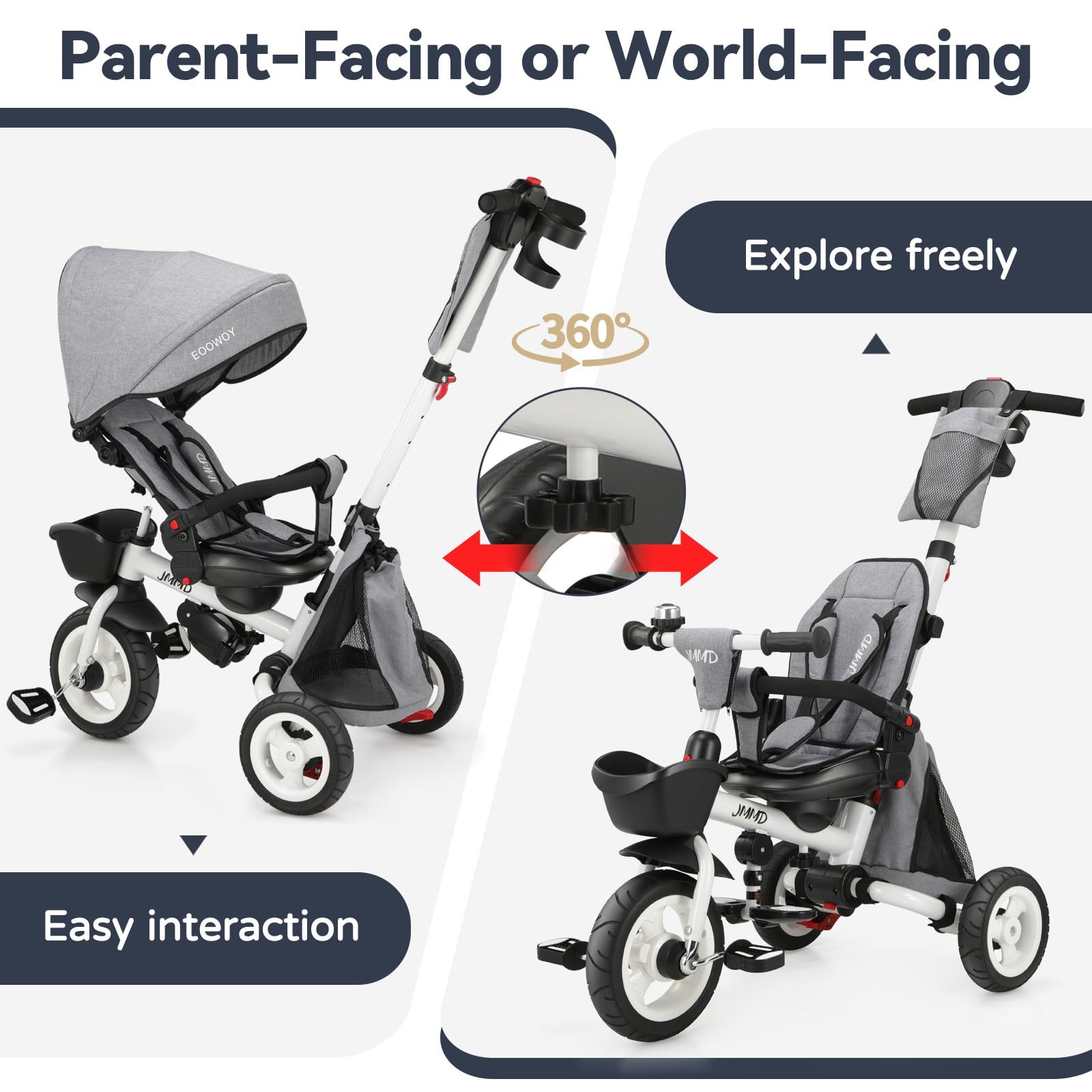 👨‍👩‍👧☀️JMMD Triciclo para bebé, 7 en 1 plegable para niños con mango ajustable para padres, arnés de seguridad y frenos de rueda, toldo extraíble, almacenamiento, carriola de bebé, regalo para niños pequeños de 18 meses a 5 años (verde)