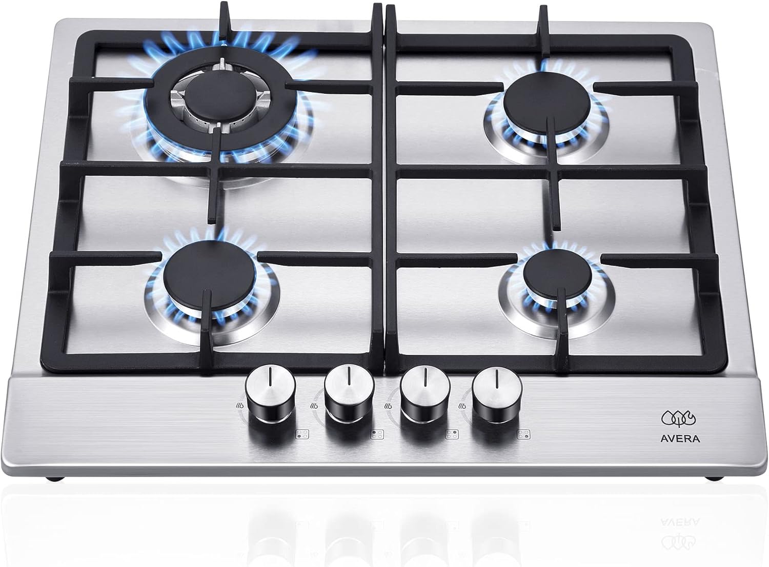 AVERA Parrilla de Gas 4 Quemadores, Acero Inoxidable 60cm (Incluye Accesorios para Instalarla), Encendido Electronico, Perillas Metalicas, Estufa Empotrable, para Gas LP y Gas Natural, AI4