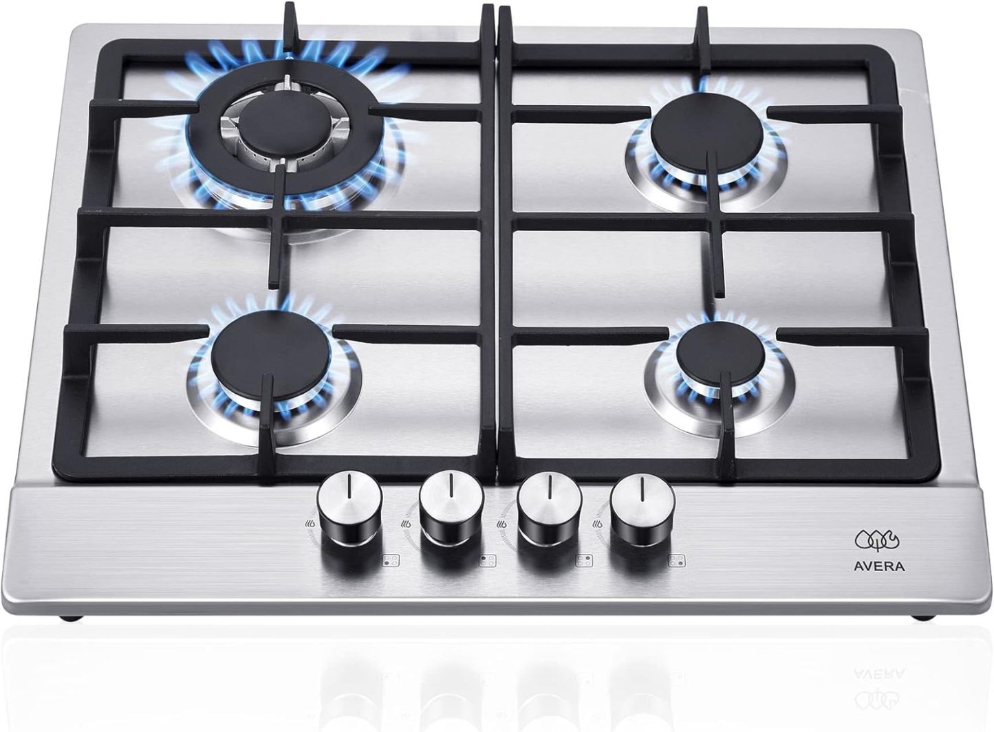 AVERA Parrilla de Gas 4 Quemadores, Acero Inoxidable 60cm (Incluye Accesorios para Instalarla), Encendido Electronico, Perillas Metalicas, Estufa Empotrable, para Gas LP y Gas Natural, AI4