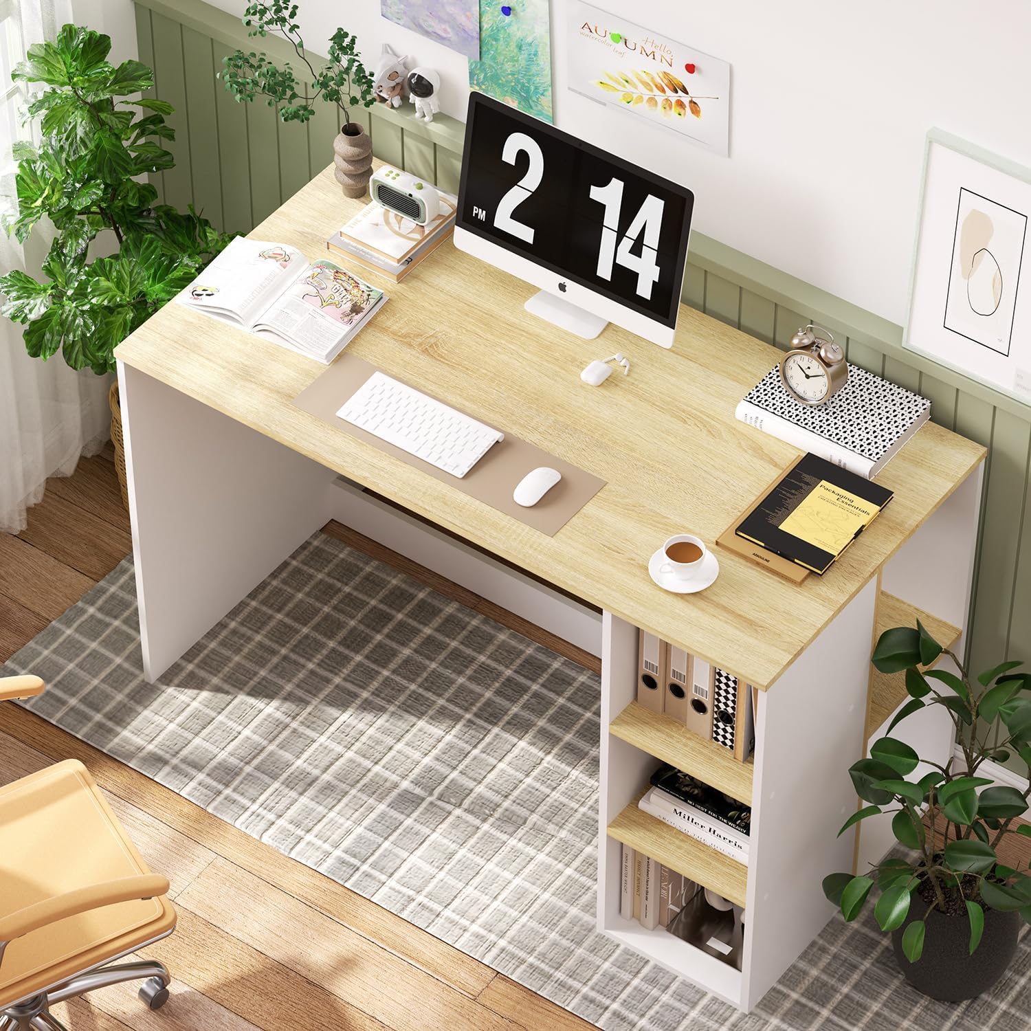 FurnitureR Escritorio para Computadora de Oficina con Almacenamiento Escritorio de Trabajo y Estudio con 5 Estantes Mesa Portátil para Estudiantes Escritorio de Escritura Moderno Haya y Blanco-Bolígrafo de carbono metálico, bolígrafo de firma negro.