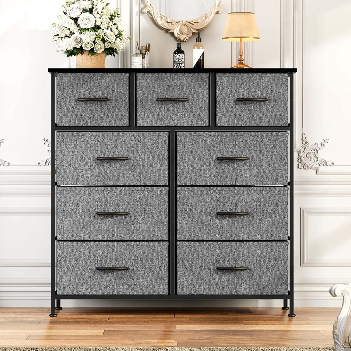 Yanming Cómoda de Tela con 9 cajones, Estructura de Acero y Tapa de Madera para Dormitorio, Armario, Entrada