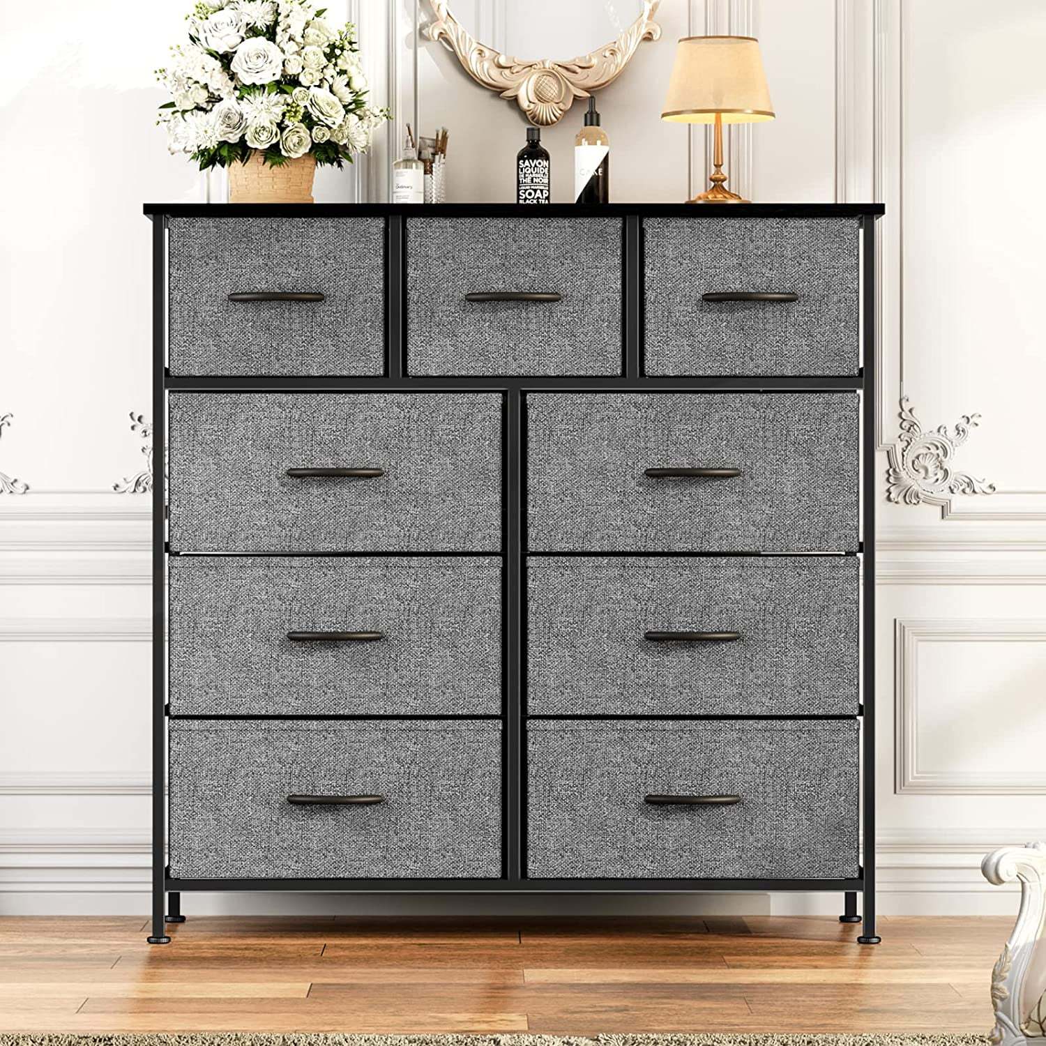 Yanming Cómoda de Tela con 9 cajones, Estructura de Acero y Tapa de Madera para Dormitorio, Armario, Entrada