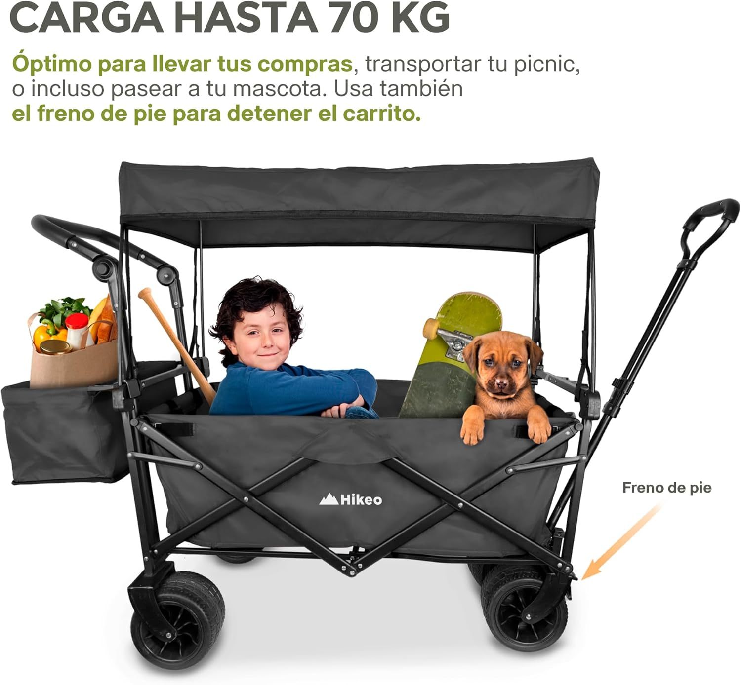 Hikeo Carrito Plegable Portátil y Carriola para Exteriores hasta 70 Kg, Ruedas 360° Todo Terreno con Freno, Incluye Toldo y Cesta de Tela, para Niños y Mascotas, Carretilla Wagon Vagón con Funda