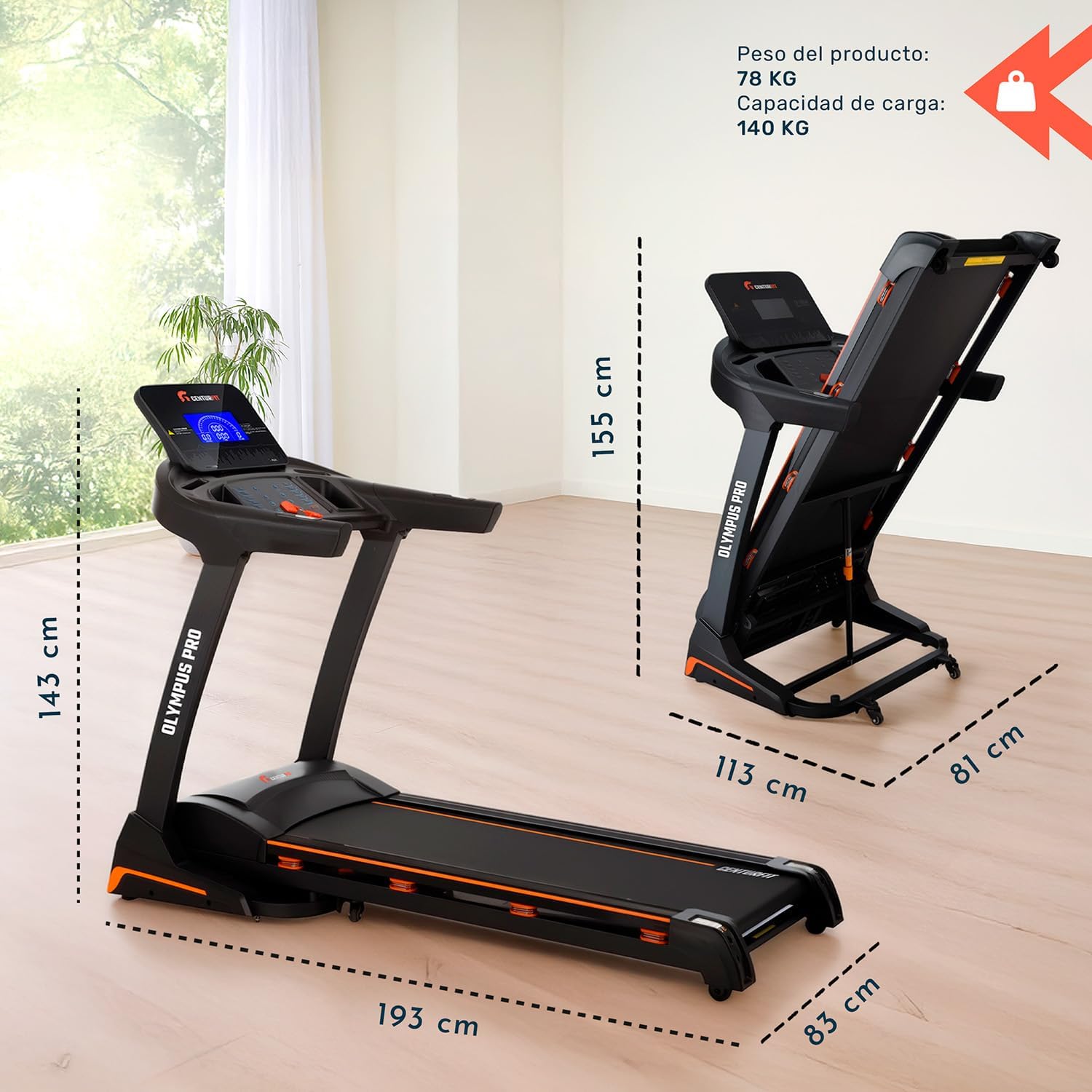 CENTURFIT Caminadora Profesional 3.5 HP Plegable con Inclinación 15 Niveles Superficie 135X48 Cm Pantalla Digital con Bluetooth Y 12 Programas Velocidad 1-18 Km/H Capacidad 140 Kg Gimnasio En Casa