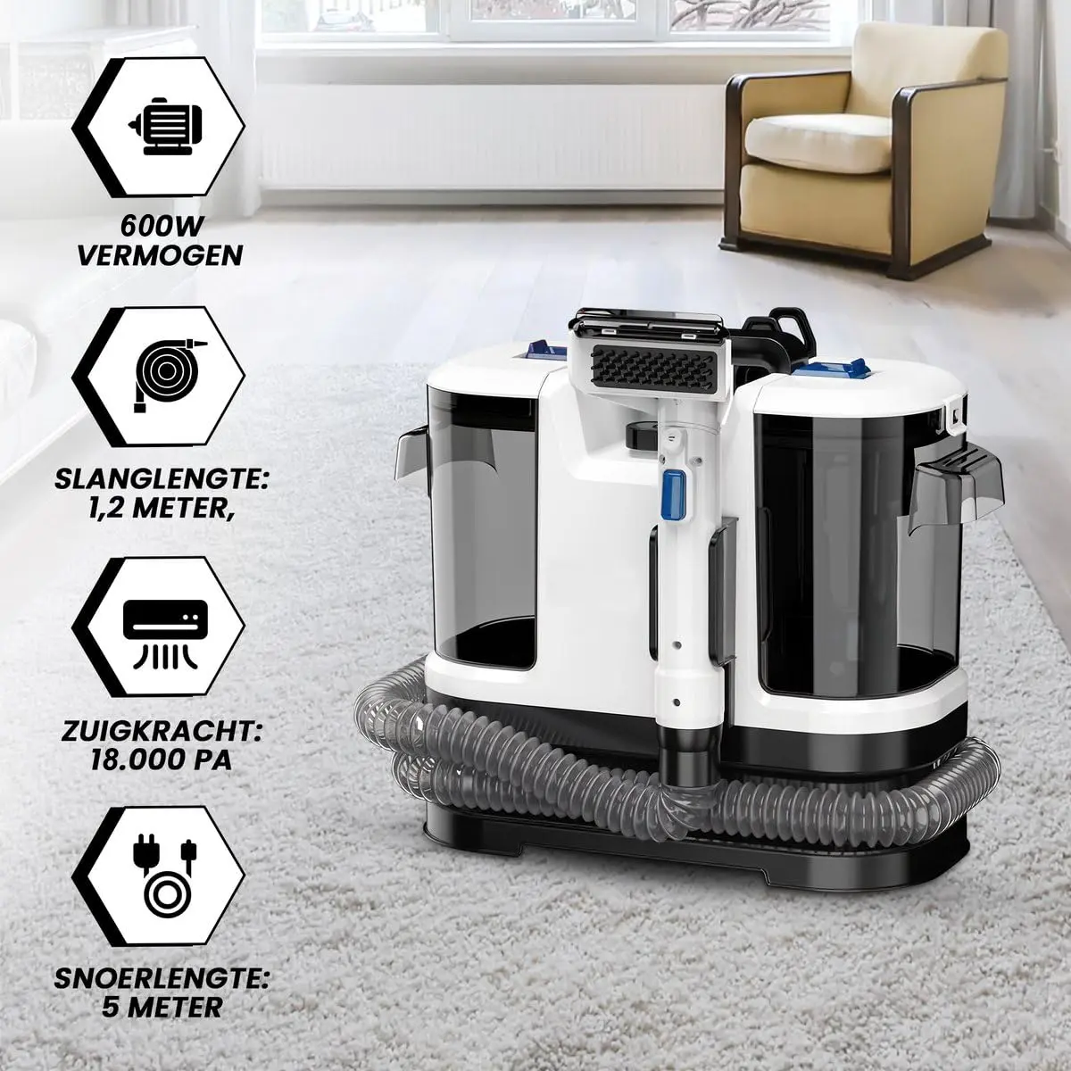 Aspiradora Lava Alfombra Tapicería De Inyección Succión 600w 18000pa, Máquina De Limpieza De Telas Para Sofá, Alfombra, Cortina Y Cama, Cepillo Profundo, Doble Tanque De Agua Blanco
