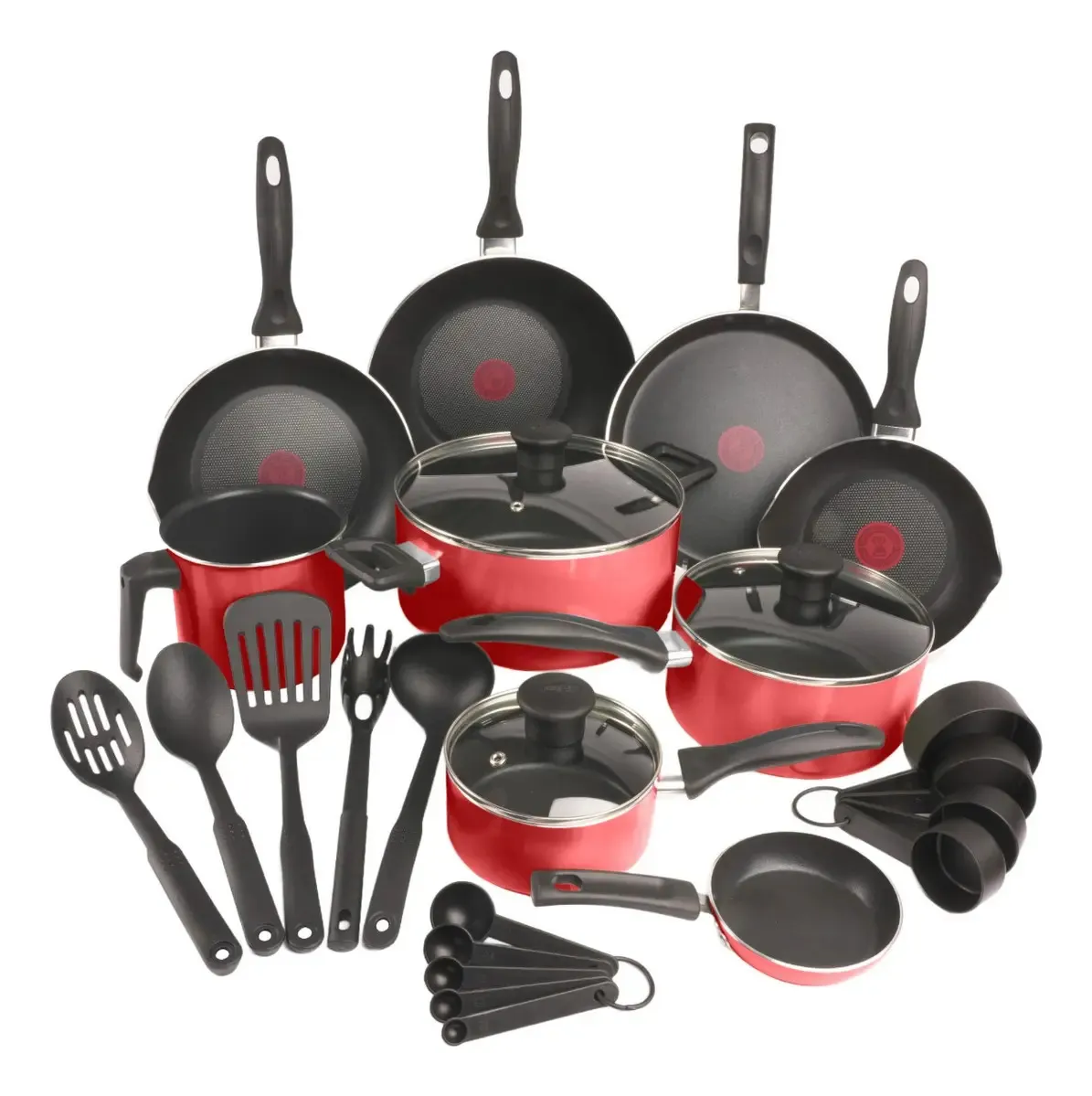 Batería de Cocina T-Fal de 26 piezas, con antiadherente Titanium, base de difusión y termo señal, Supercook Roja, B464SZ84