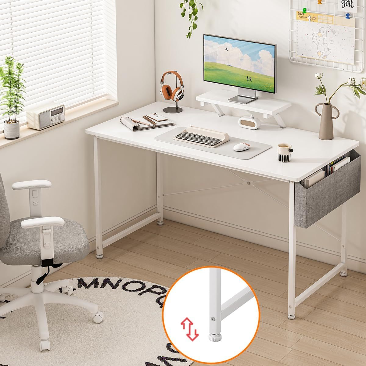 Escritorio Pequeño para Computadora Moderno, Tocador Furniture con Bolsa de Almacenamiento, Viene con Soporte de Escritorio 110 X 50 X 75 CM (Blanco)