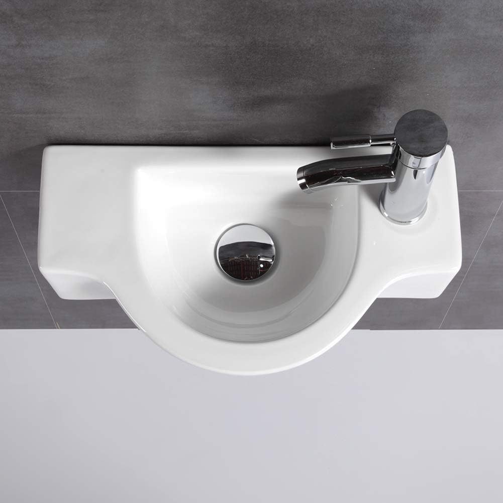 Fregadero de baño de cerámica blanca, fregadero esquinero pequeño montado en la pared (fregadero con grifo y desagüe) -----Cepillo de limpieza