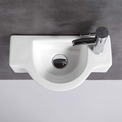 Fregadero de baño de cerámica blanca, fregadero esquinero pequeño montado en la pared (fregadero con grifo y desagüe) -----Cepillo de limpieza