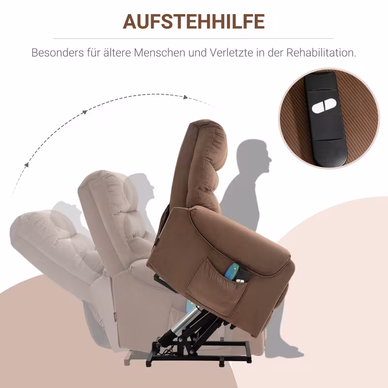 sillón de tv con asistencia eléctrica  , silla de masaje con función reclinable y calentamiento, silla de relajación con control remoto y bolsillo lateral, tela de poliéster   ajustable Detalles del producto 6