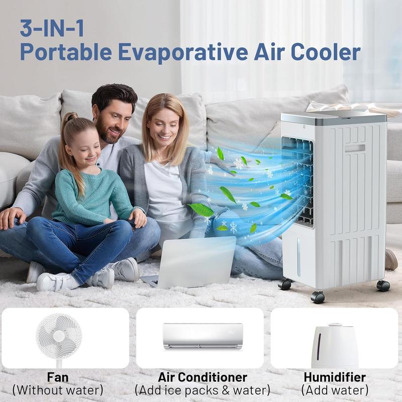 Portable Air Cooler Fan, 3-IN-1 Evaporative Tank Fan Swamp Cooler aire acondicionado portatil with Remote, 3 Modes 3 Speeds &12H Timer, 1.16/9.5Gal ,4 Ice Packs & 4 Wheels, 45° Oscillation, Quiet for Room Home Office