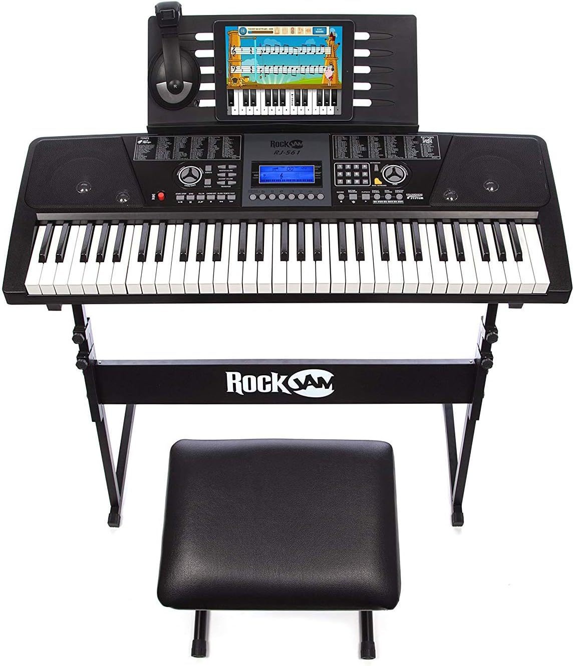 RockJam - Kit de piano con teclado de 61 teclas con banco para teclado, soporte para teclado, auriculares, pegatinas para notas de piano y lecciones de piano Simply
