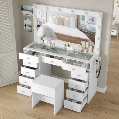 1 Juego de 11 cajones con 12 luces LED Tocador con espejo iluminado, Mesa de maquillaje con cajones de almacenamiento y taburete acolchado para dormitorio, Tocador con 3 modos de iluminación Brillo ajustable