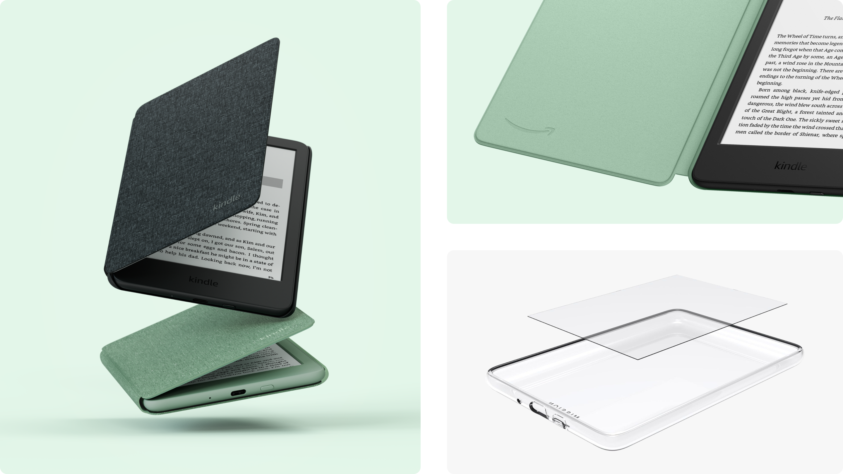 Collage de 3 im&aacute;genes: fundas para Kindle Black y Match; primer plano de una funda Matcha mostrando una sonrisa de Amazon por dentro; una funda de protecci&oacute;n transparente y un protector de pantalla.