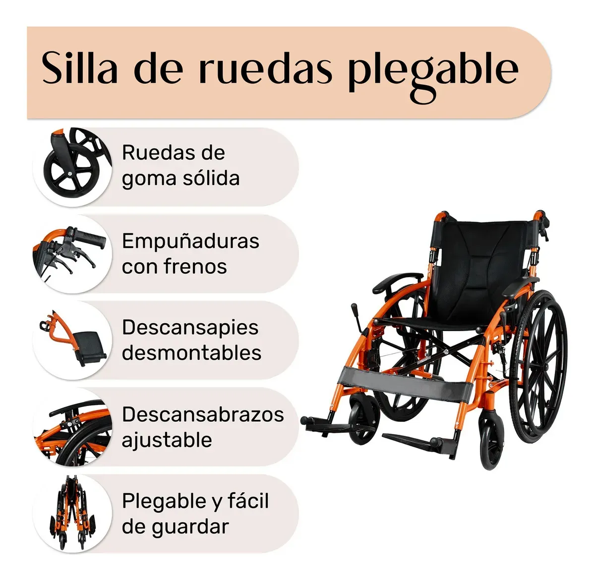 Silla de Ruedas Deportiva Centurfit Ligera Estructura de Aluminio Plegable + Rueditas Color Naranja