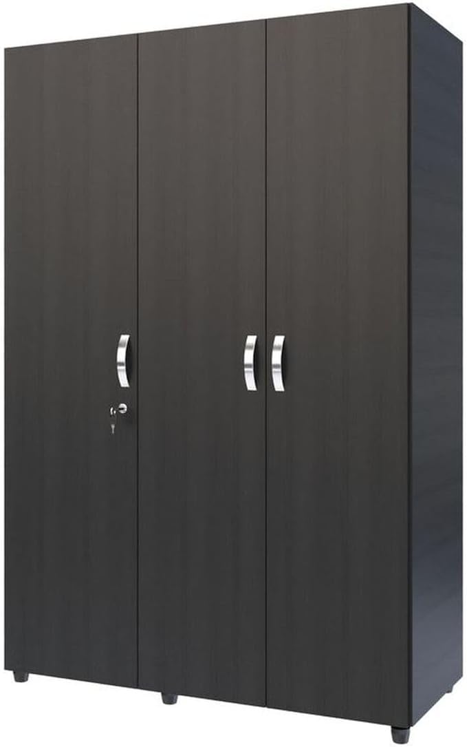 MADERKIT | Ropero Bilbao 120 cm Ancho | Tamaño Mediano | Color Wengue | 3 Puertas y Llave de Seguridad | Mueble Listo para armar | Estantes y Tubos para Colgar (Wengue)