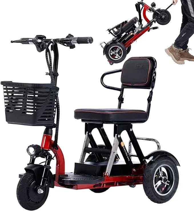 MAKJUNS Patinete de movilidad de 3 ruedas, scooter de movilidad eléctrico plegable, de viaje portátil con cargador y cesta incluidos para personas mayores, viajes, adultos, ancianos, discapacitados
