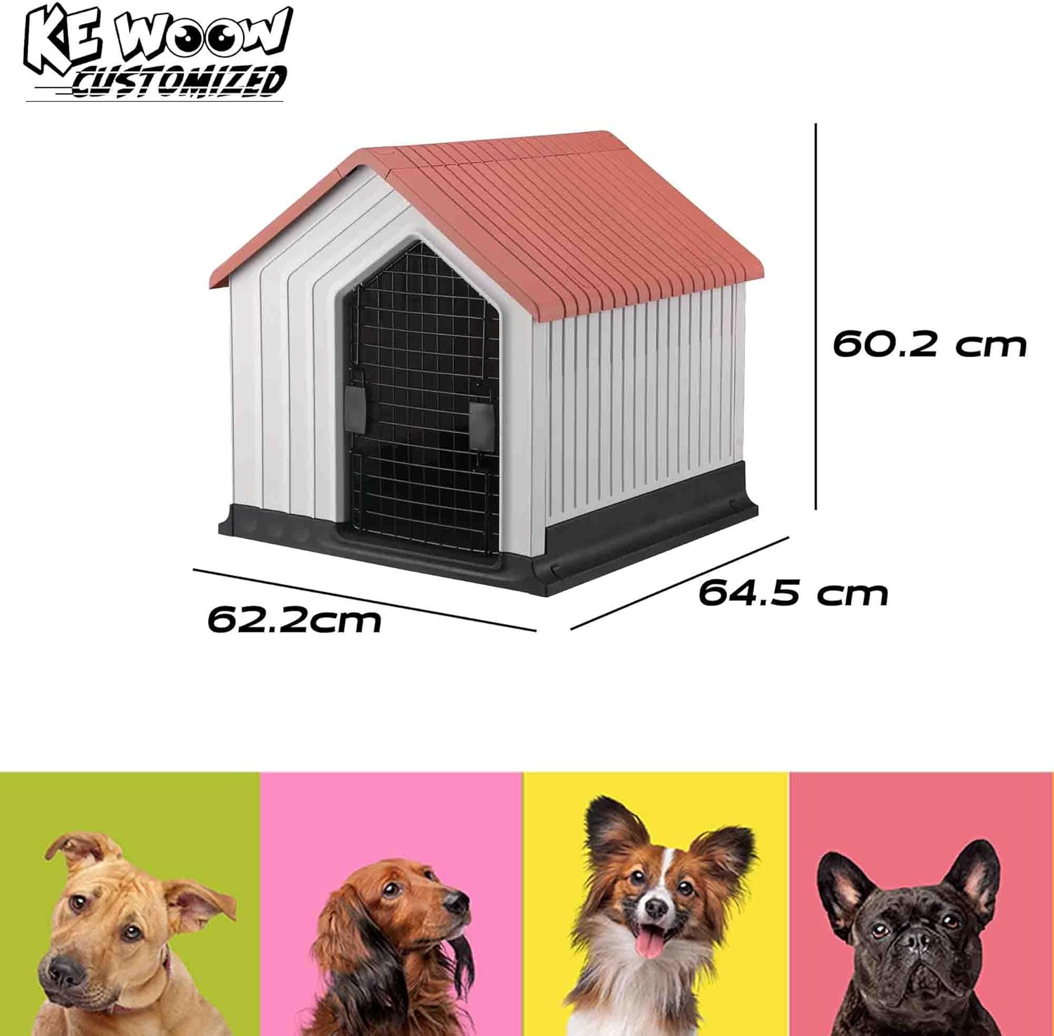 KE WOOW Casa para Perros Medianos y Chicos Premium, Térmica, con Puerta Metálica, Repelente al Clima, Base Elevada, Armable, Color Azul, Incluye Colchón y Juguete de Regalo, 62 x 62 x 60 cm