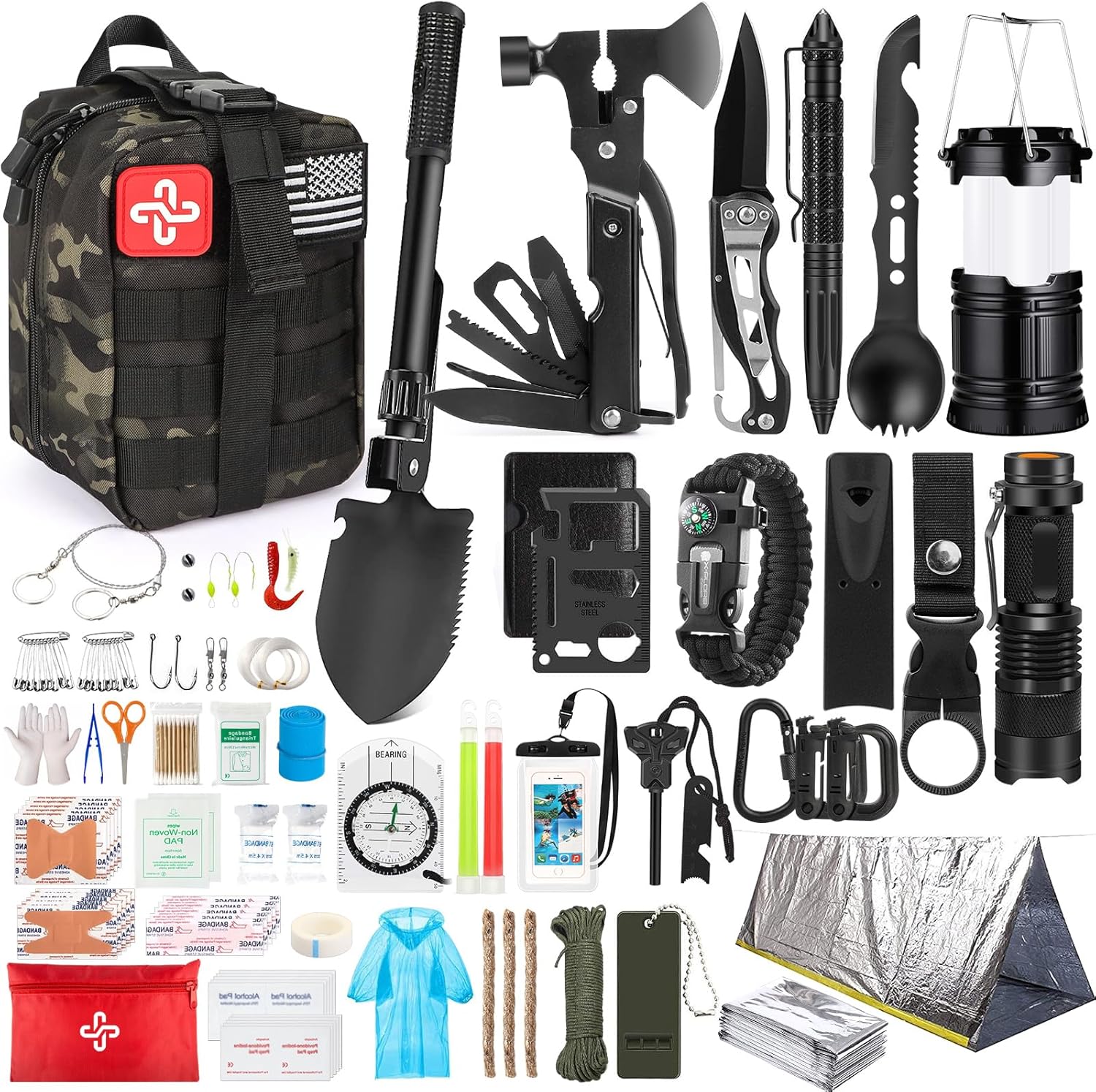 Kit de supervivencia, 250 piezas de equipo de supervivencia con bolsa compatible con sistema Molle y tienda de emergencia, kit de emergencia para terremoto, aventura al aire última intervensión, senderismo, caza, regalos para hombres y mujeres