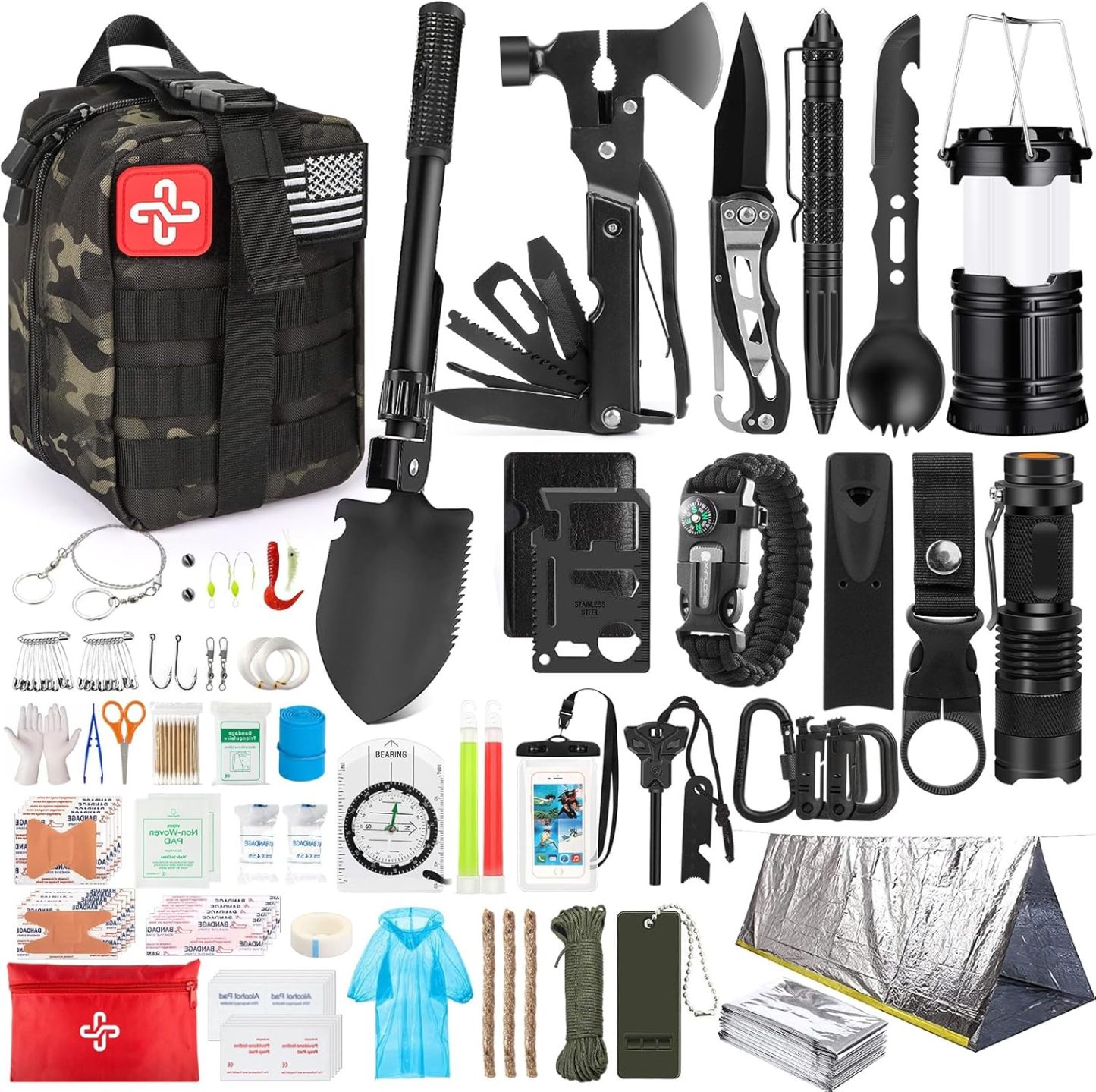 Kit de supervivencia, 250 piezas de equipo de supervivencia con bolsa compatible con sistema Molle y tienda de emergencia, kit de emergencia para terremoto, aventura al aire última intervensión, senderismo, caza, regalos para hombres y mujeres