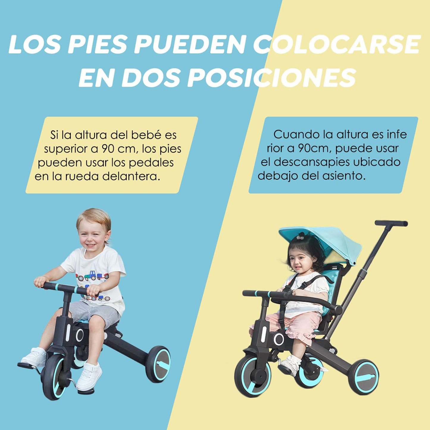 Triciclo de bebé 4 en 1, Bici polivalente, cochecito de dirección plegable, bicicleta de aprendizaje con barandilla desmontable, con toldo ajustable, arnés de seguridad, pedales plegable, freno, asa de empuje para padres, diseño de absorción de impactos,