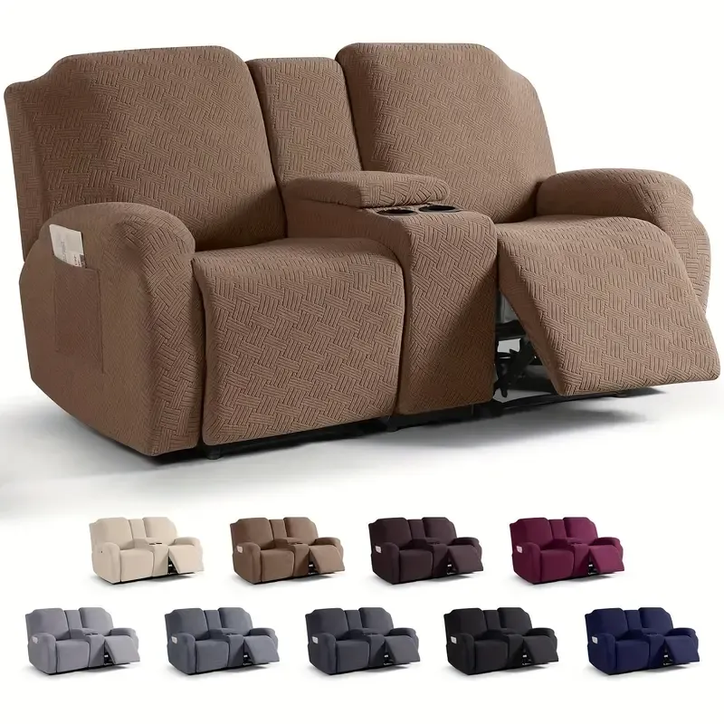 Juego clsico de fundas para silln reclinable de consola central de 8 piezas: polister elstico y spandex con cierre elstico, funda para muebles lavable a mquina de dise?o de una sola pieza para silln de masaje de teatro de 2 asientos