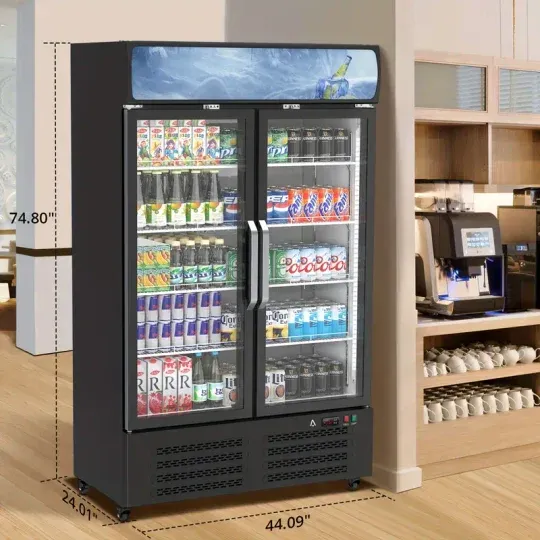 Refrigerador comercial para bebidas HUFY de 26.2 pies cúbicos con 2 puertas de vidrio, enfriador vertical para bebidas con iluminación LED, estantes ajustables y organizadores de bebidas, enfriamiento de 32 a 50