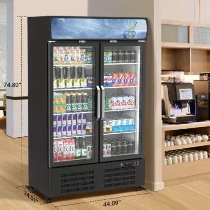 Refrigerador comercial para bebidas HUFY de 26.2 pies cúbicos con 2 puertas de vidrio, enfriador vertical para bebidas con iluminación LED, estantes ajustables y organizadores de bebidas, enfriamiento de 32 a 50