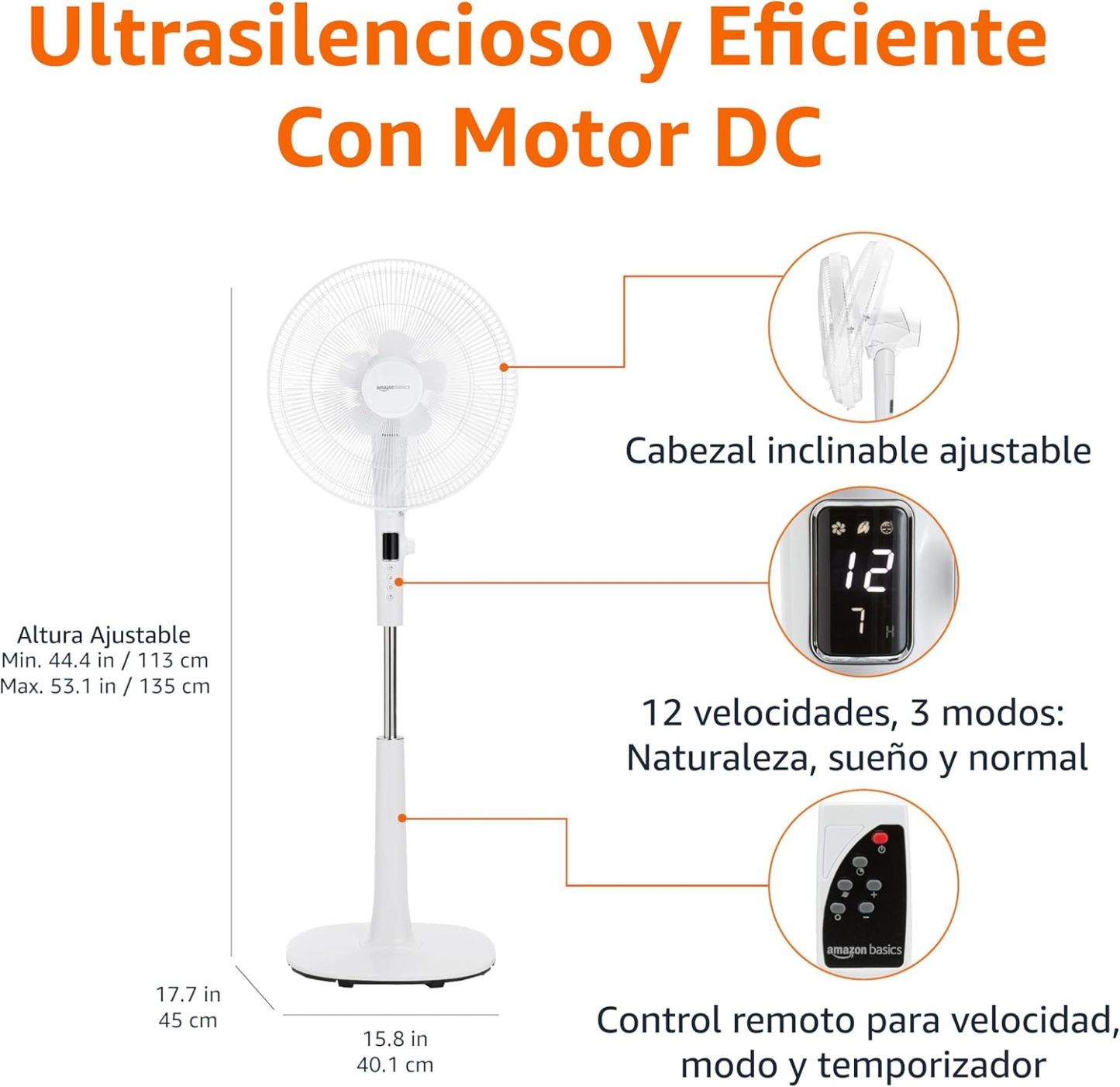 Amazon Basics Ventilador de pedestal de 40.6 cm con control remoto para recámara sala u oficina, con 3 velocidades, 3 modos, temporizador, altura ajustable, cabezal inclinable, 60 W, negro