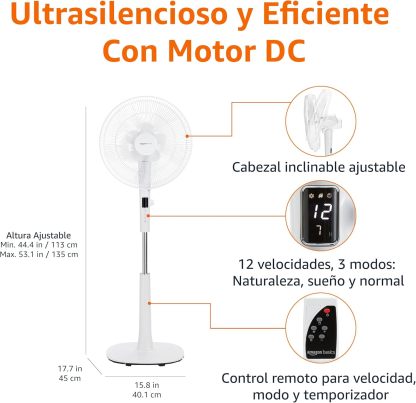 Amazon Basics Ventilador de pedestal de 40.6 cm con control remoto para recámara sala u oficina, con 3 velocidades, 3 modos, temporizador, altura ajustable, cabezal inclinable, 60 W, negro