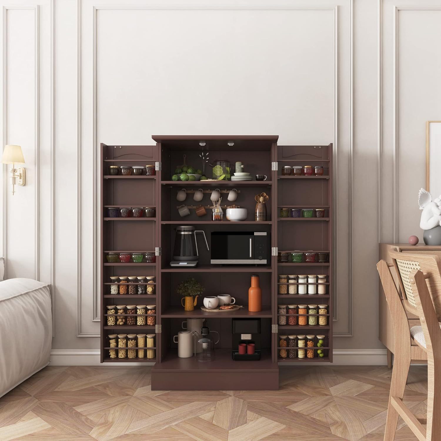 kepptory - clóset de despensa de 47 pulgadas, clóset de almacenamiento de despensa de cocina con puertas y estantes ajustables, aparador no empotrado café para sala de estar y comedor, resistente y