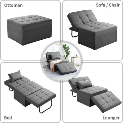 Sofá Cama, Cama otomana Plegable multifunción 4 en 1, Moderna Silla Convertible con Respaldo Ajustable, para Sala de Estar, Departamento pequeño, Gris Claro