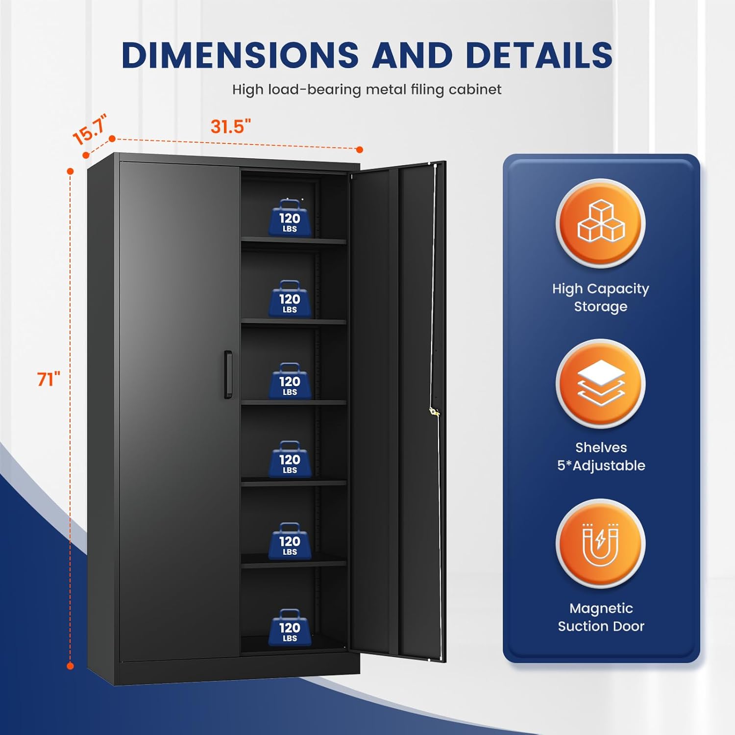 Yizosh - Gabinete de almacenamiento de metal con 2 puertas y 5 estantes ajustables, archivador de acero de 71 pulgadas, gabinetes de herramientas de bloqueo para oficina, hogar, cochera, gimnasio,