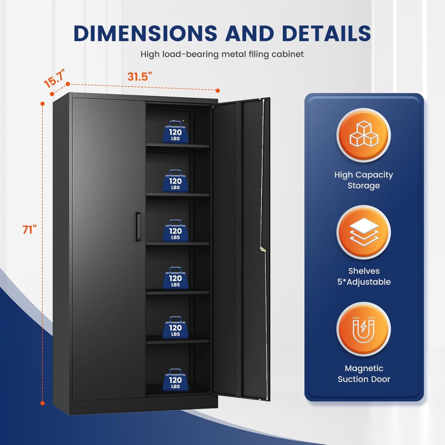 Yizosh - Gabinete de almacenamiento de metal con 2 puertas y 5 estantes ajustables, archivador de acero de 71 pulgadas, gabinetes de herramientas de bloqueo para oficina, hogar, cochera, gimnasio,