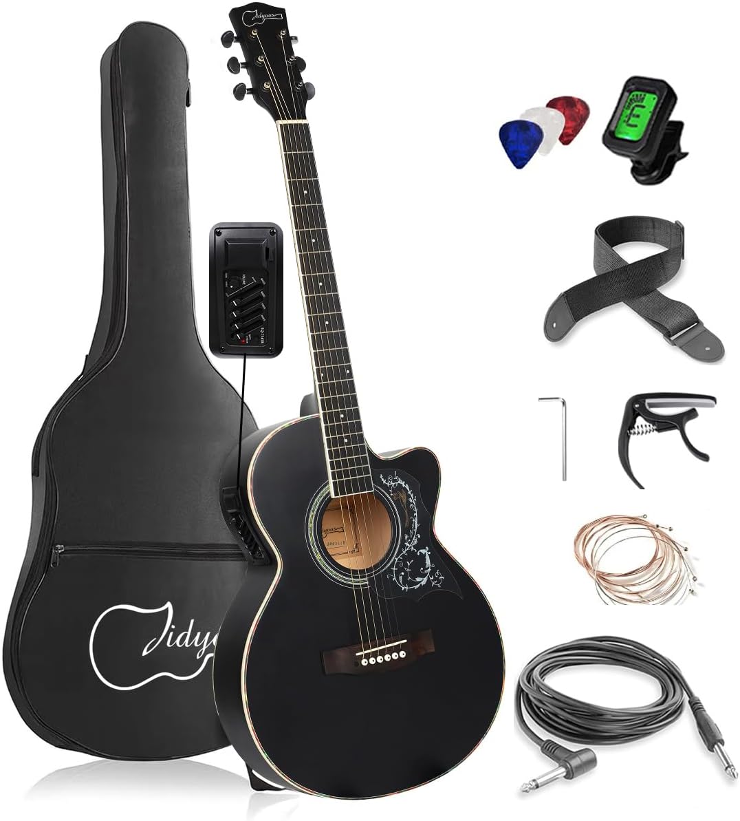 Kit de guitarra eléctrica acústica de 39 pulgadas con ecualizador de 4 bandas con estuche, juego de cuerdas, capo, paño de limpieza, afinador, púas, correa para el hombro y cable (Black)