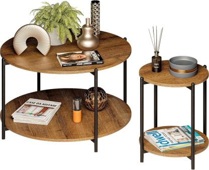 MUBSON Set de 2 Mesas de Centro Minimalista | 80x80 y 40x40 cm | Mesa de Centro para Sala con Soportes de Acero. Mesa de Noche Verona. Mesa Auxiliar. Mesas Laterales de Madera. Nesting Table