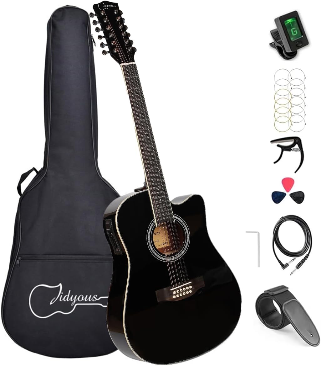Jidyous-41 Inch,4/4,Guitarra Electroacústica 12 cuerdas,con Funda Acolchada, afinadores, Tirantes de guitarra,cuerdas, paletas, capó, adecuada para adultos jóvenes de nivel medio (Black)
