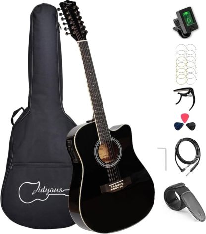Jidyous-41 Inch,4/4,Guitarra Electroacústica 12 cuerdas,con Funda Acolchada, afinadores, Tirantes de guitarra,cuerdas, paletas, capó, adecuada para adultos jóvenes de nivel medio (Black)