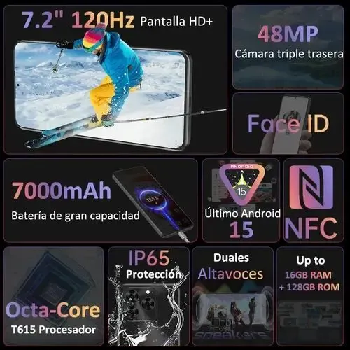 Cubot Note 60 Dual SIM 128 GB Azul 16 GB (6 GB + 10 GB ampliados) RAM Android 15 Pantalla 7,2" 120 Hz Batería 7000 mAh Cámara Triple 48 MP Protección IP65 A