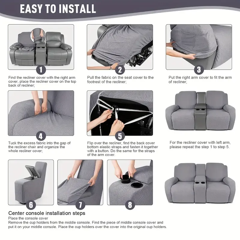 Juego clsico de fundas para silln reclinable de consola central de 8 piezas: polister elstico y spandex con cierre elstico, funda para muebles lavable a mquina de dise?o de una sola pieza para silln de masaje de teatro de 2 asientos