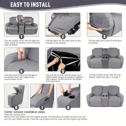 Juego clsico de fundas para silln reclinable de consola central de 8 piezas: polister elstico y spandex con cierre elstico, funda para muebles lavable a mquina de dise?o de una sola pieza para silln de masaje de teatro de 2 asientos