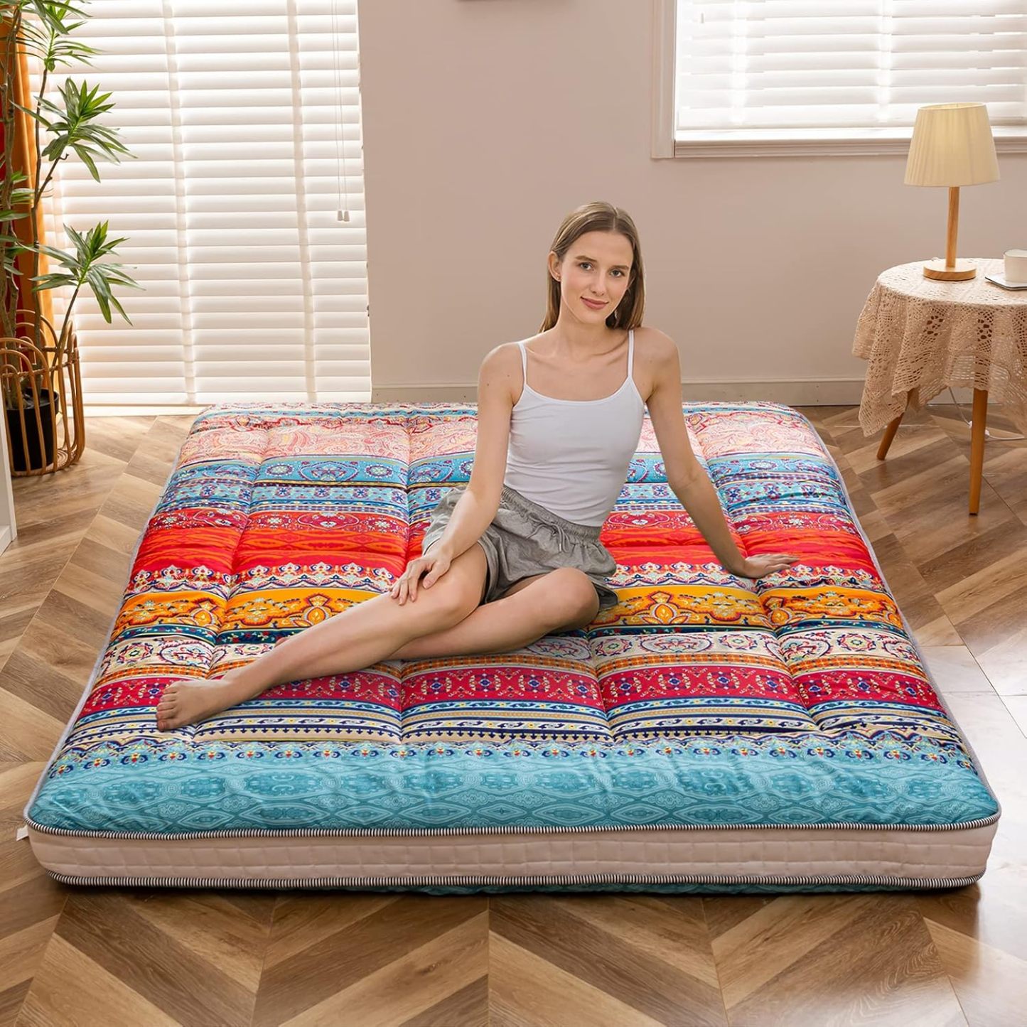 MAXYOYO - Puf plegable para sofá, cama, colchón de piso para adultos, extra grueso, 6 pliegues, sofá para recámara, sala de estar, beige, 135 x 240 cm