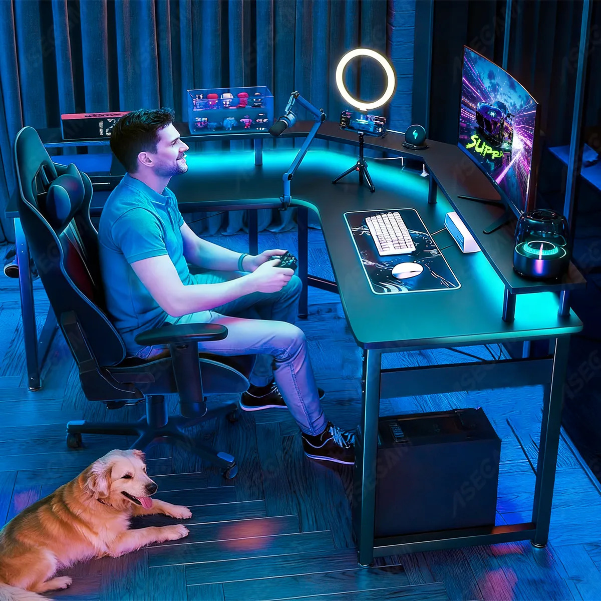Escritorio Gamer En Forma De L Con Luz Led , Toma Y Soporte