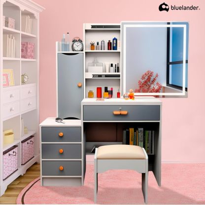 Bluelander Tocador De Niña, Tocador Vanity, Tocador para Niña, Vanity Tocador Hollywood, Tocador de Maquillaje con 4 Cajones, Estantes Ocultos, Incluye Taburete Acolchado, Espejo Led (Gris Claro)