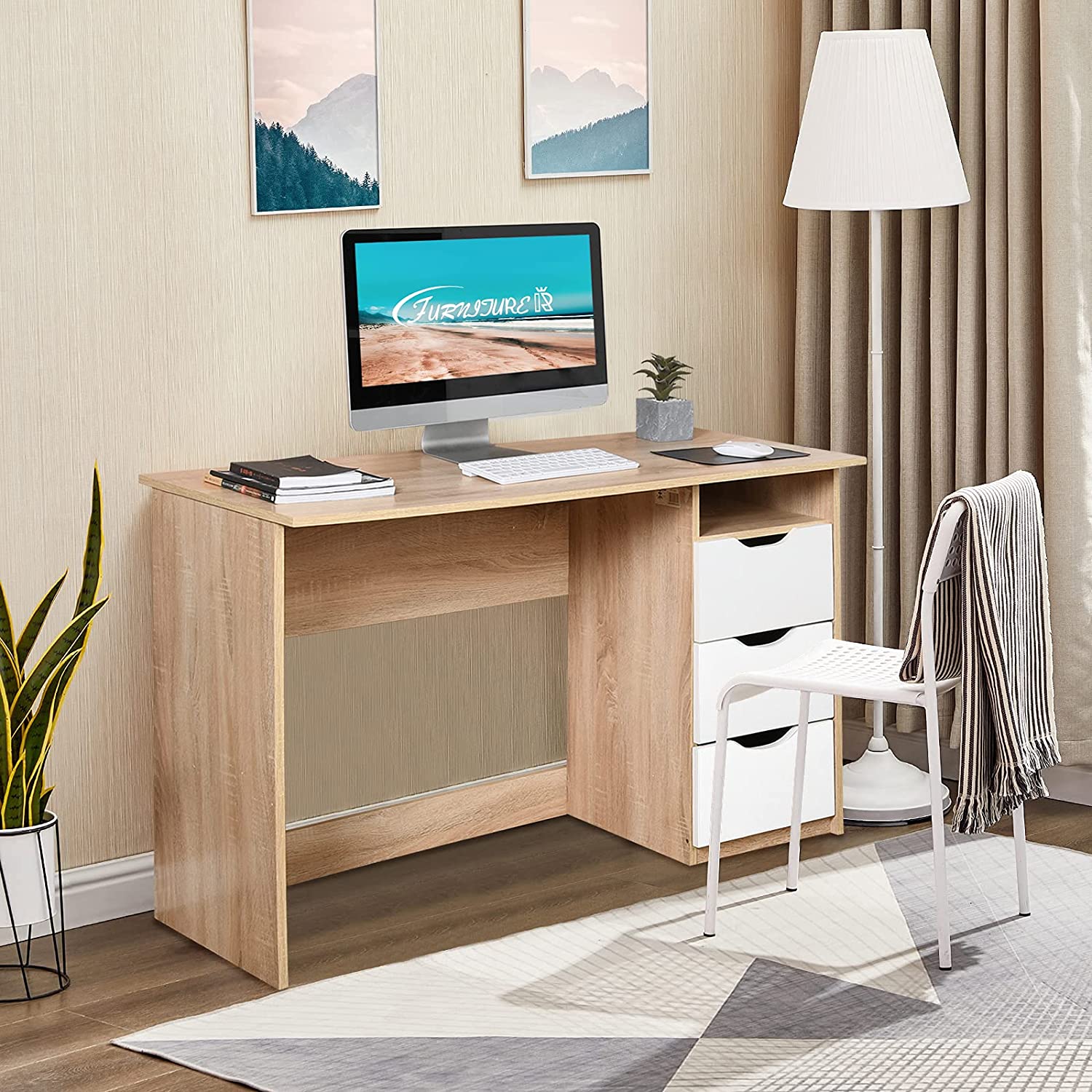FurnitureR Escritorio para Computadora de Oficina con Almacenamiento Escritorio de Trabajo y Estudio con 5 Estantes Mesa Portátil para Estudiantes Escritorio de Escritura Moderno Haya y Blanco